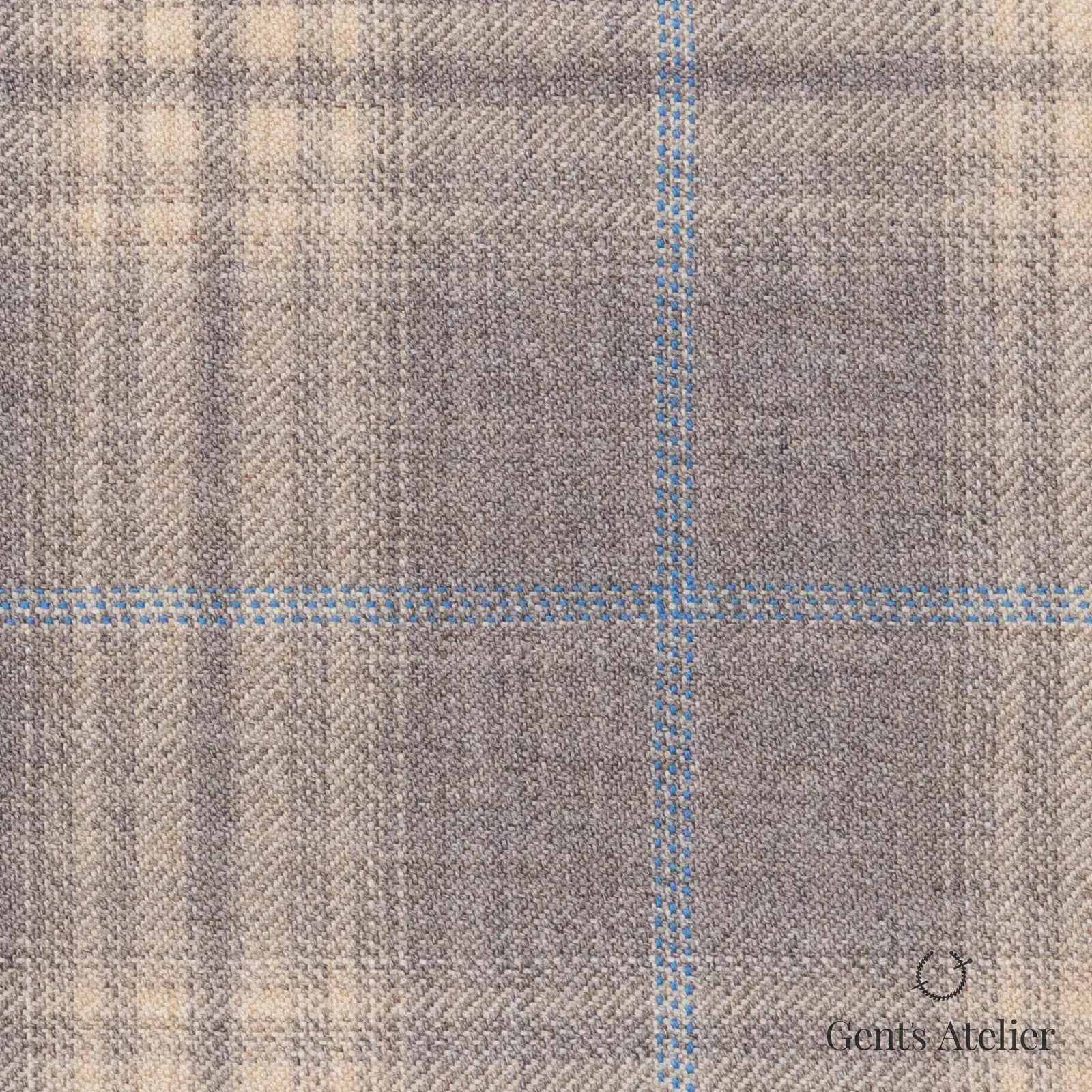 Костюмная ткань Marzoni 600 - 349 / 900 — Бежевый / Sky Blue, оконная клетка, 100% шерсть