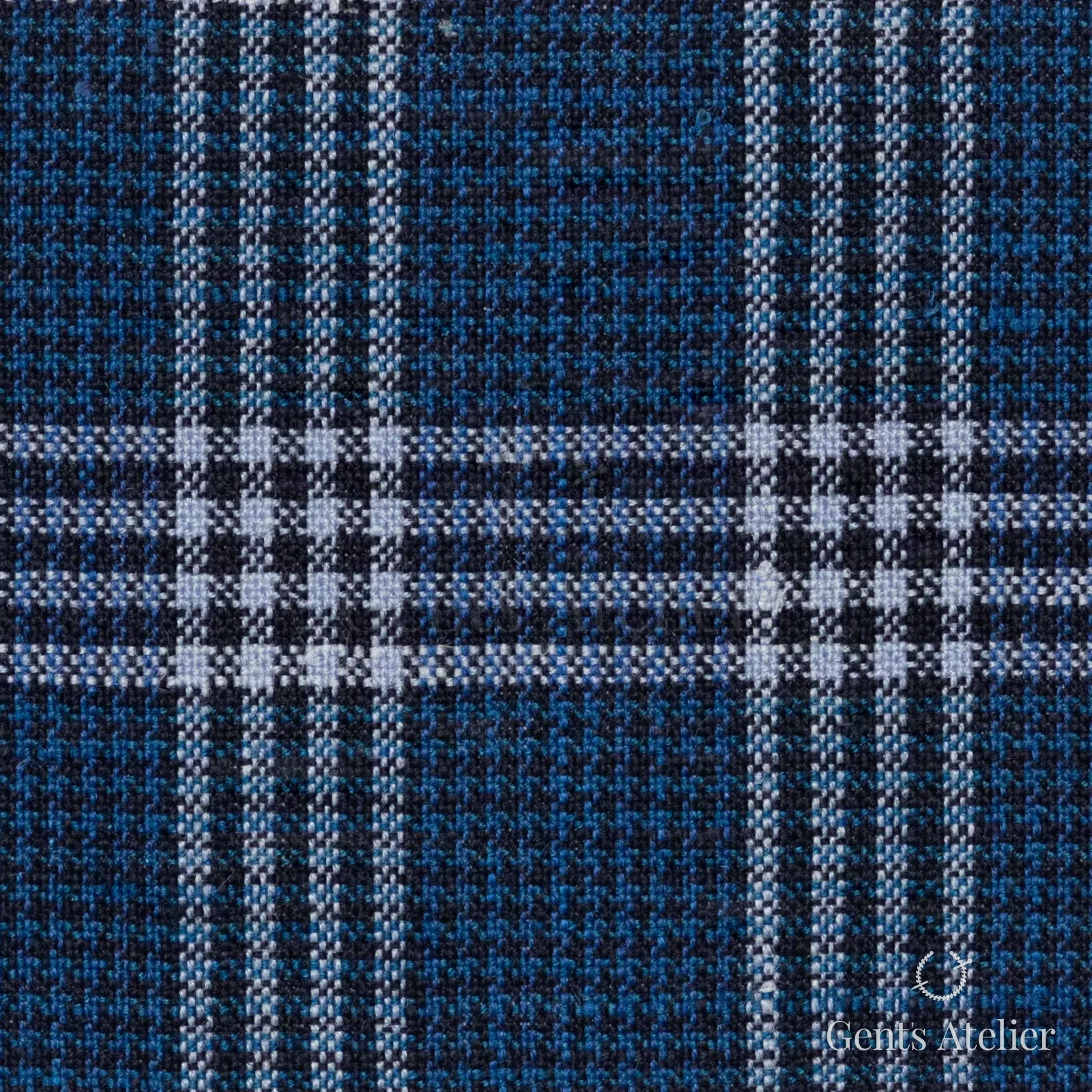 Костюмная ткань Marzoni 655 - 517 / 1200 — Синий / Белый, оконная клетка, 40% шерсть, 35% шёлк, 25% лён
