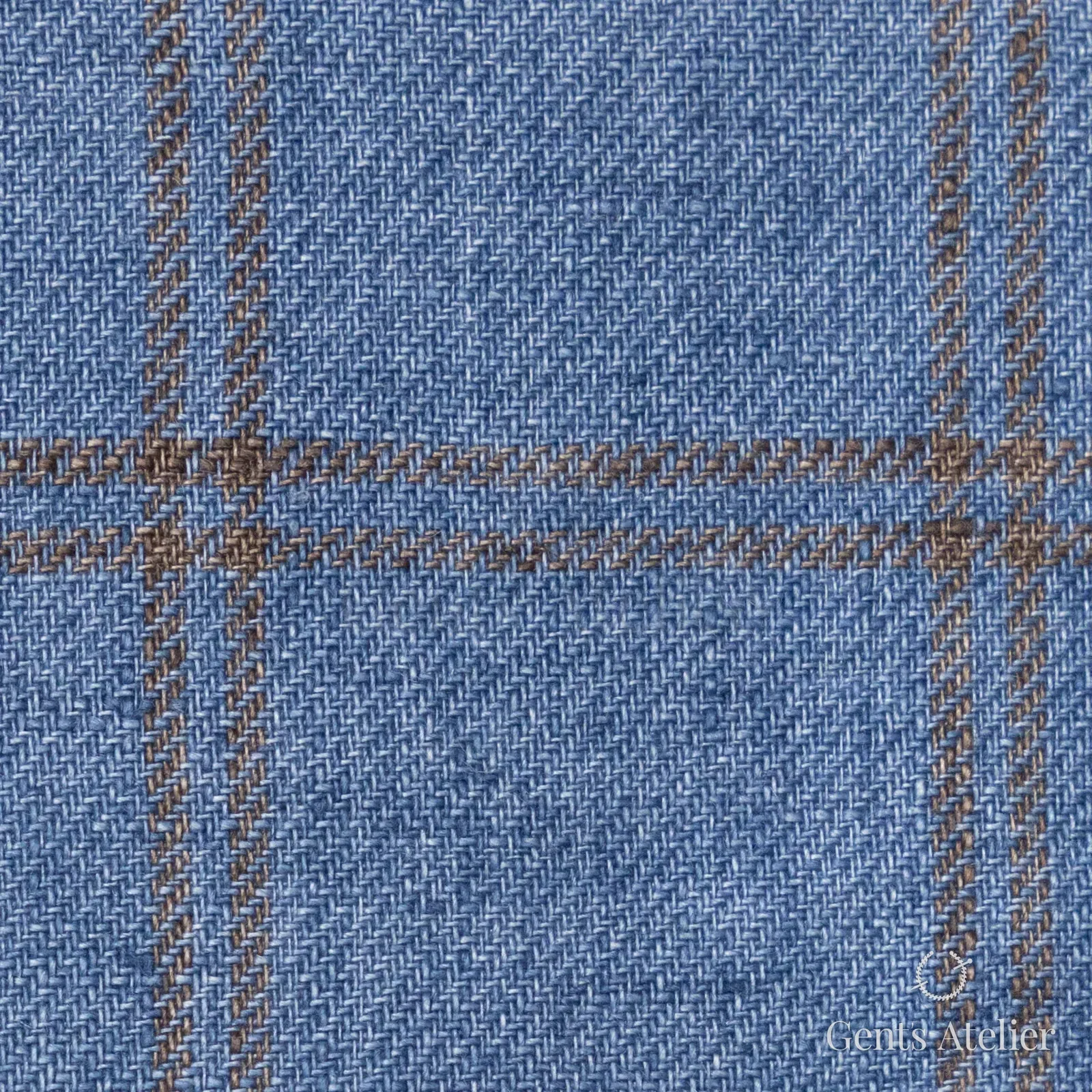 Костюмная ткань Marzoni 613 - 550 / 800 — Sky Blue / Коричневый, оконная клетка, 100% лён