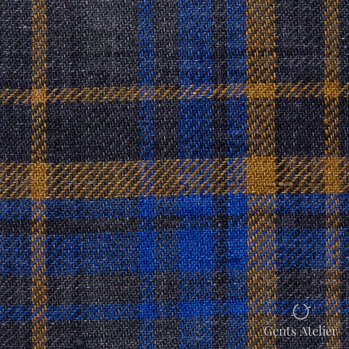 Костюмная ткань Marzoni 605 - 782 / 800 — Синий / Охра, в клетку, 100% Linen