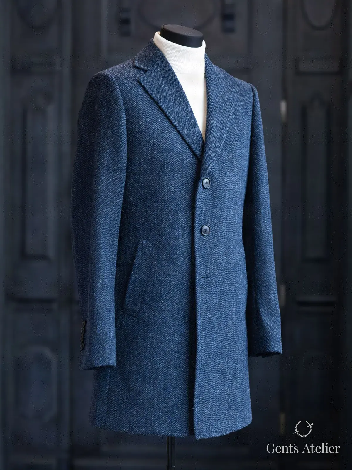 Синее пальто из твида Harris Tweed, Синий, ткань Harris Tweed