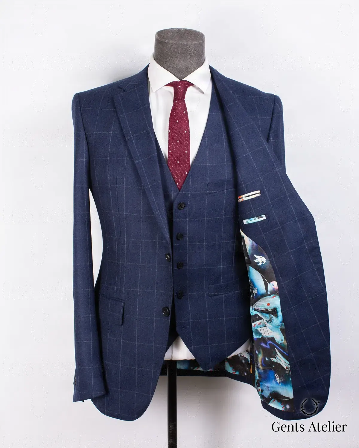 Синий костюм-тройка в клетку windowpane, Синий, ткань Stylbiella