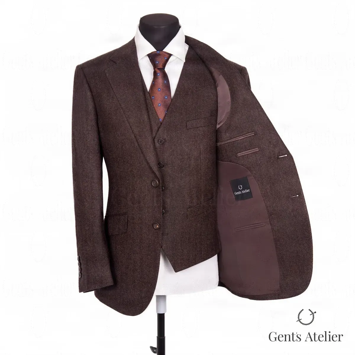 Теплый костюм-тройка из ткани Harris Tweed, Коричневый, ткань Harris Tweed