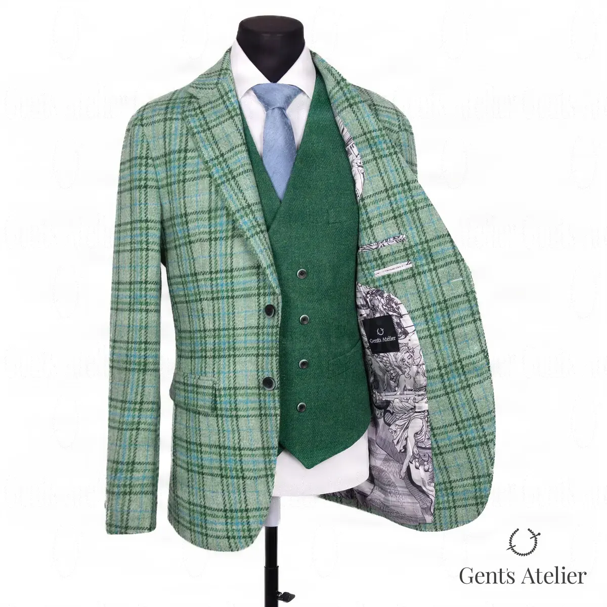 Твидовый костюм зеленого цвета из ткани Harris Tweed, Зелёный, ткань Harris Tweed