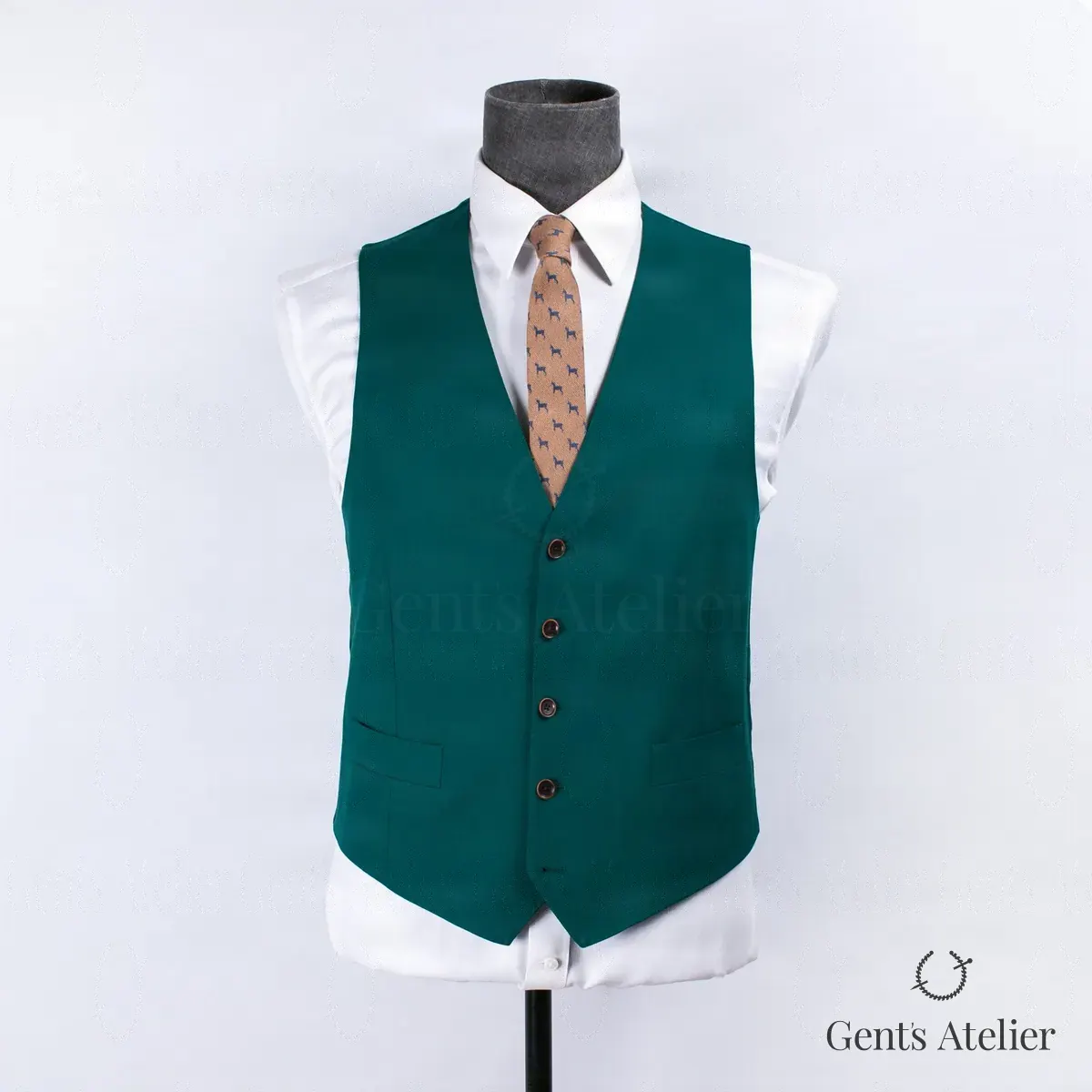 Зеленый однобортный жилет, Зелёный, ткань Gent's Selection, Однотонный